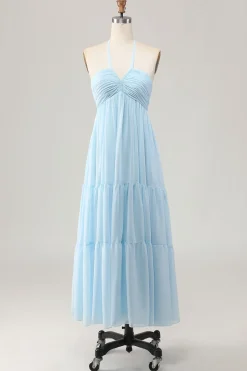 Sky Blue Halter Uma Linha Long Wedding Guest Dress