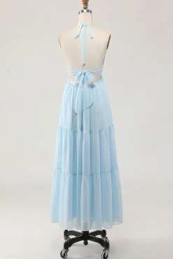 Sky Blue Halter Uma Linha Long Wedding Guest Dress