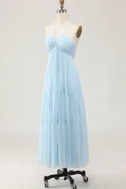 Sky Blue Halter Uma Linha Long Wedding Guest Dress