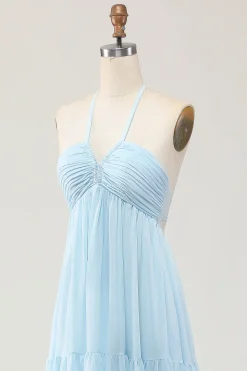 Sky Blue Halter Uma Linha Long Wedding Guest Dress