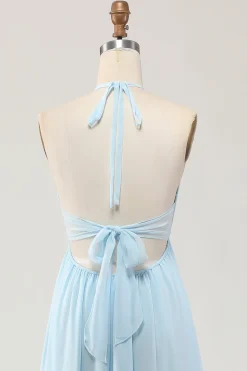 Sky Blue Halter Uma Linha Long Wedding Guest Dress