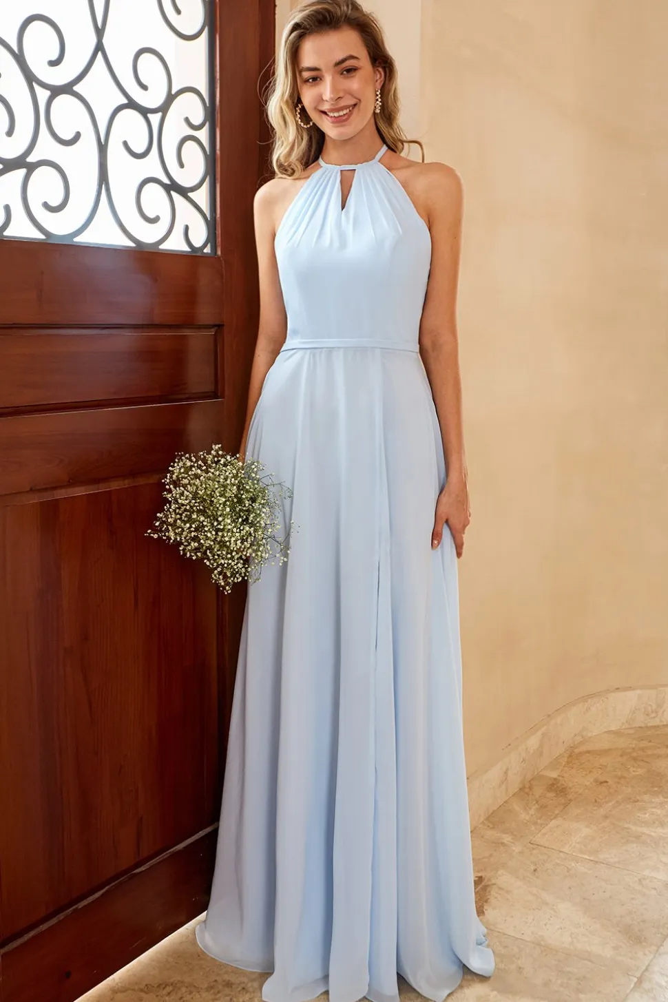 Sky Blue Long Chiffon Vestido de dama de honra com fenda