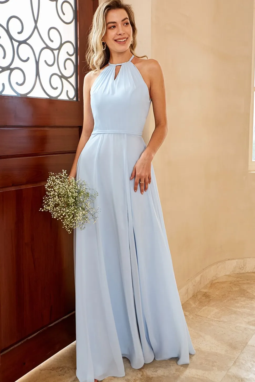 Sky Blue Long Chiffon Vestido de dama de honra com fenda