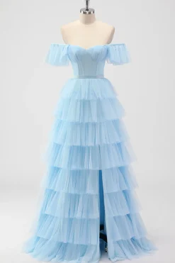 Sky Blue Off The Shoulder Tiered Corset Um Vestido de Madrinha Linha
