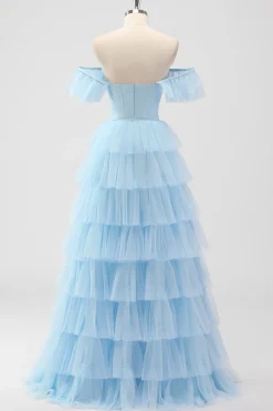 Sky Blue Off The Shoulder Tiered Corset Um Vestido de Madrinha Linha