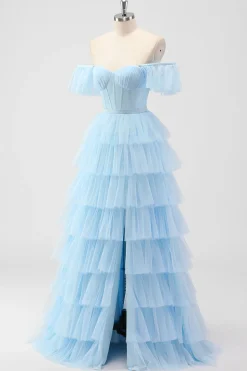 Sky Blue Off The Shoulder Tiered Corset Um Vestido de Madrinha Linha