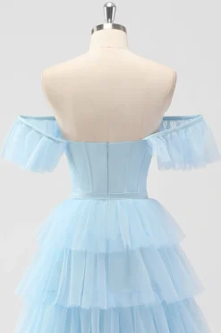 Sky Blue Off The Shoulder Tiered Corset Um Vestido de Madrinha Linha