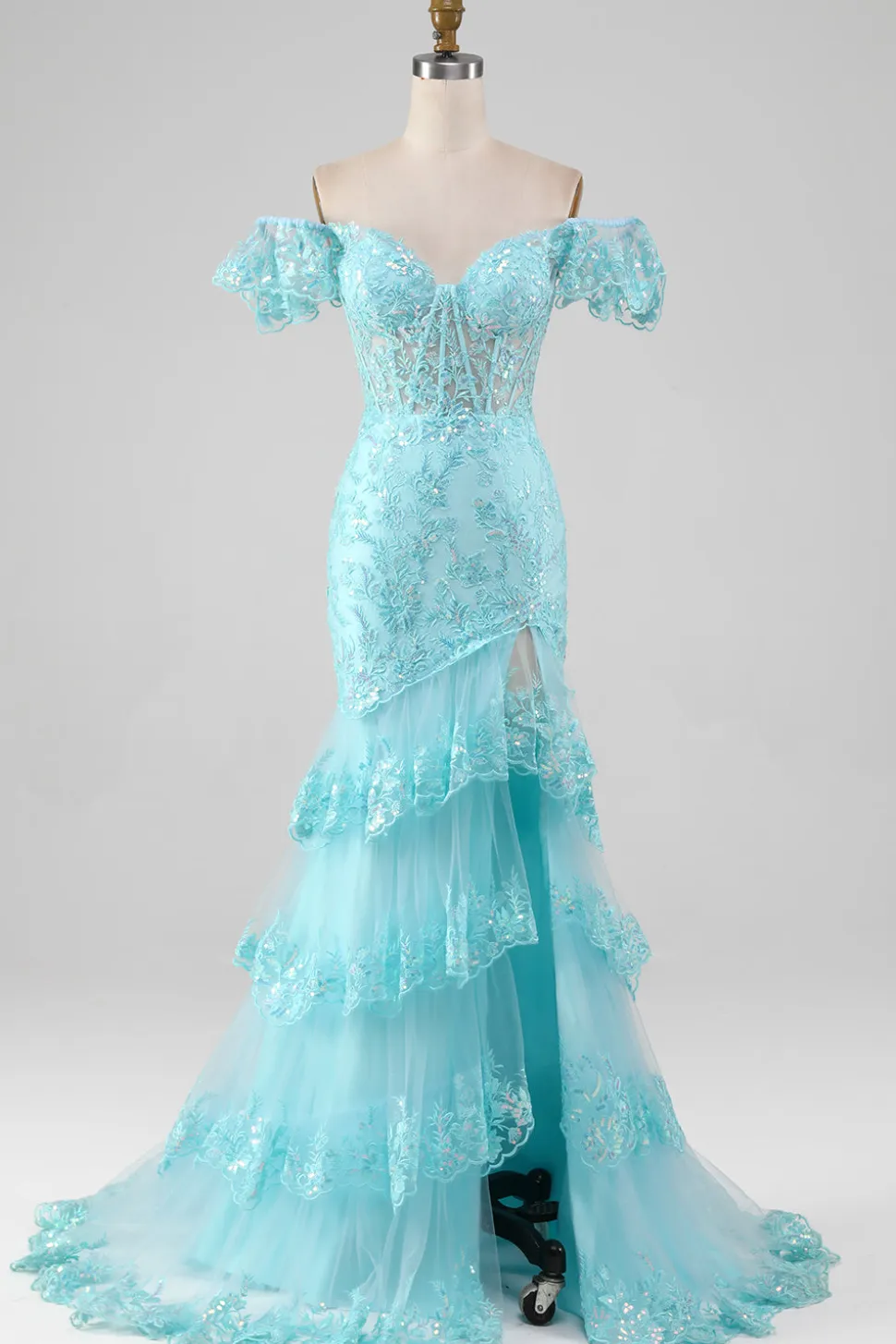 Sky Blue Off the Shoulder Lace e Vestido de Baile de Sereia de Lantejoulas com Fenda