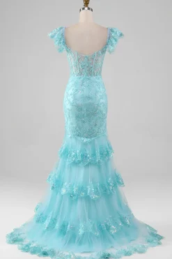 Sky Blue Off the Shoulder Lace e Vestido de Baile de Sereia de Lantejoulas com Fenda