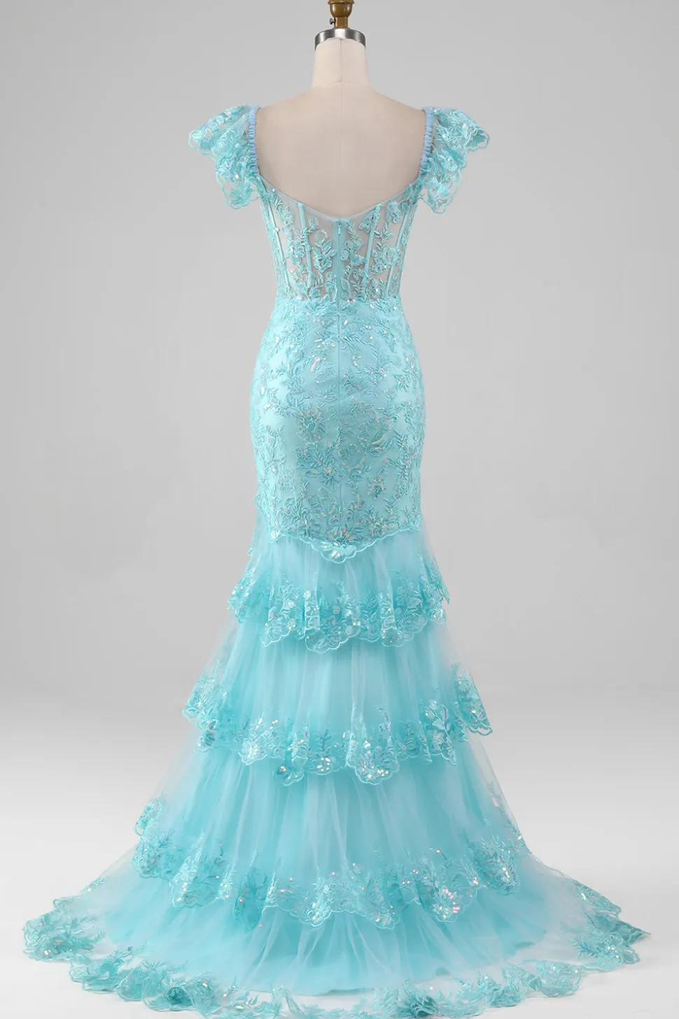 Sky Blue Off the Shoulder Lace e Vestido de Baile de Sereia de Lantejoulas com Fenda