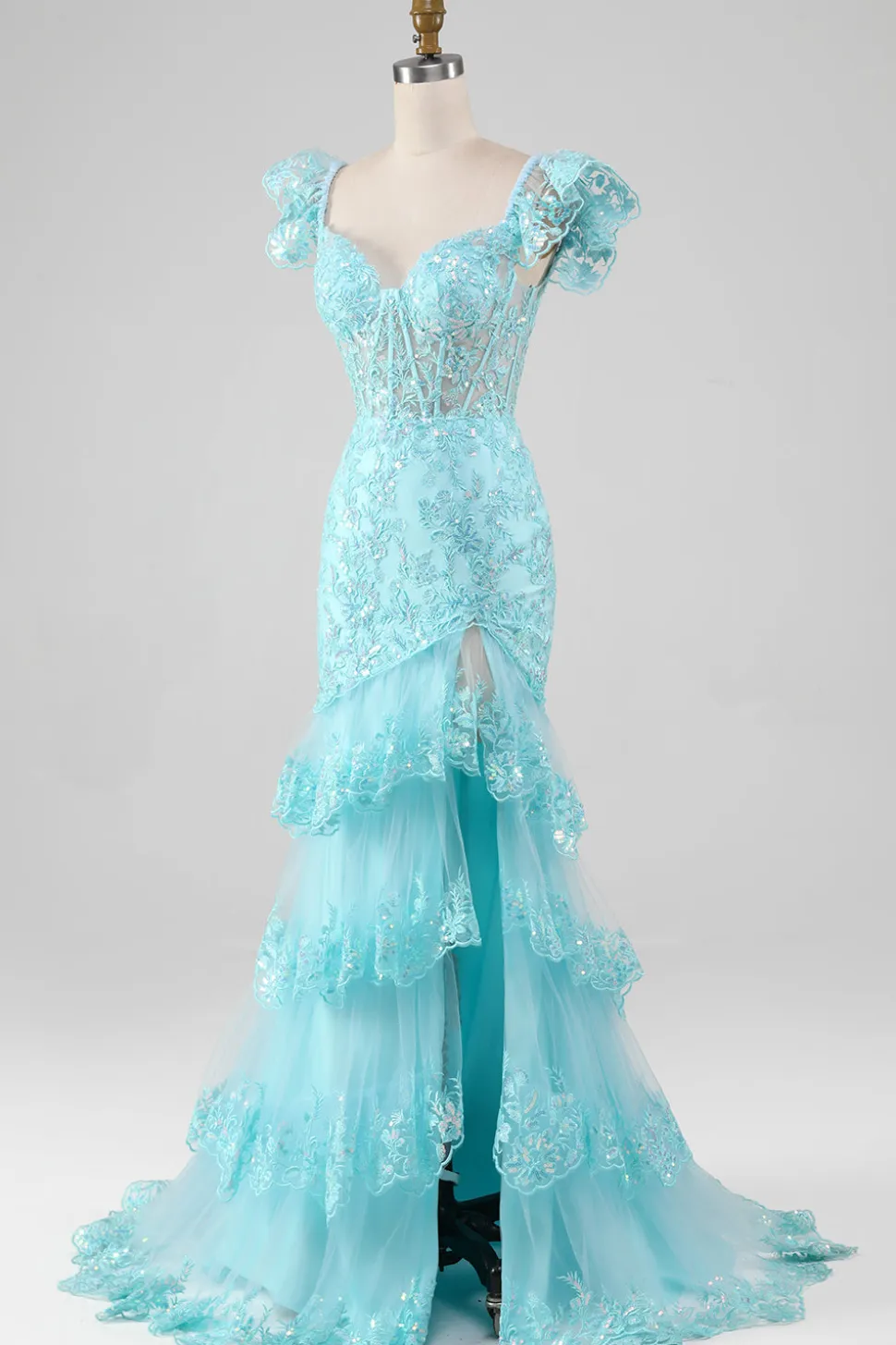 Sky Blue Off the Shoulder Lace e Vestido de Baile de Sereia de Lantejoulas com Fenda