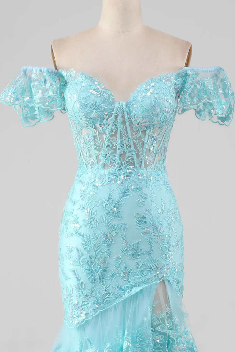 Sky Blue Off the Shoulder Lace e Vestido de Baile de Sereia de Lantejoulas com Fenda