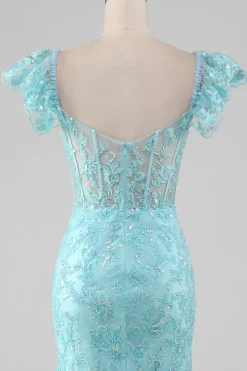 Sky Blue Off the Shoulder Lace e Vestido de Baile de Sereia de Lantejoulas com Fenda