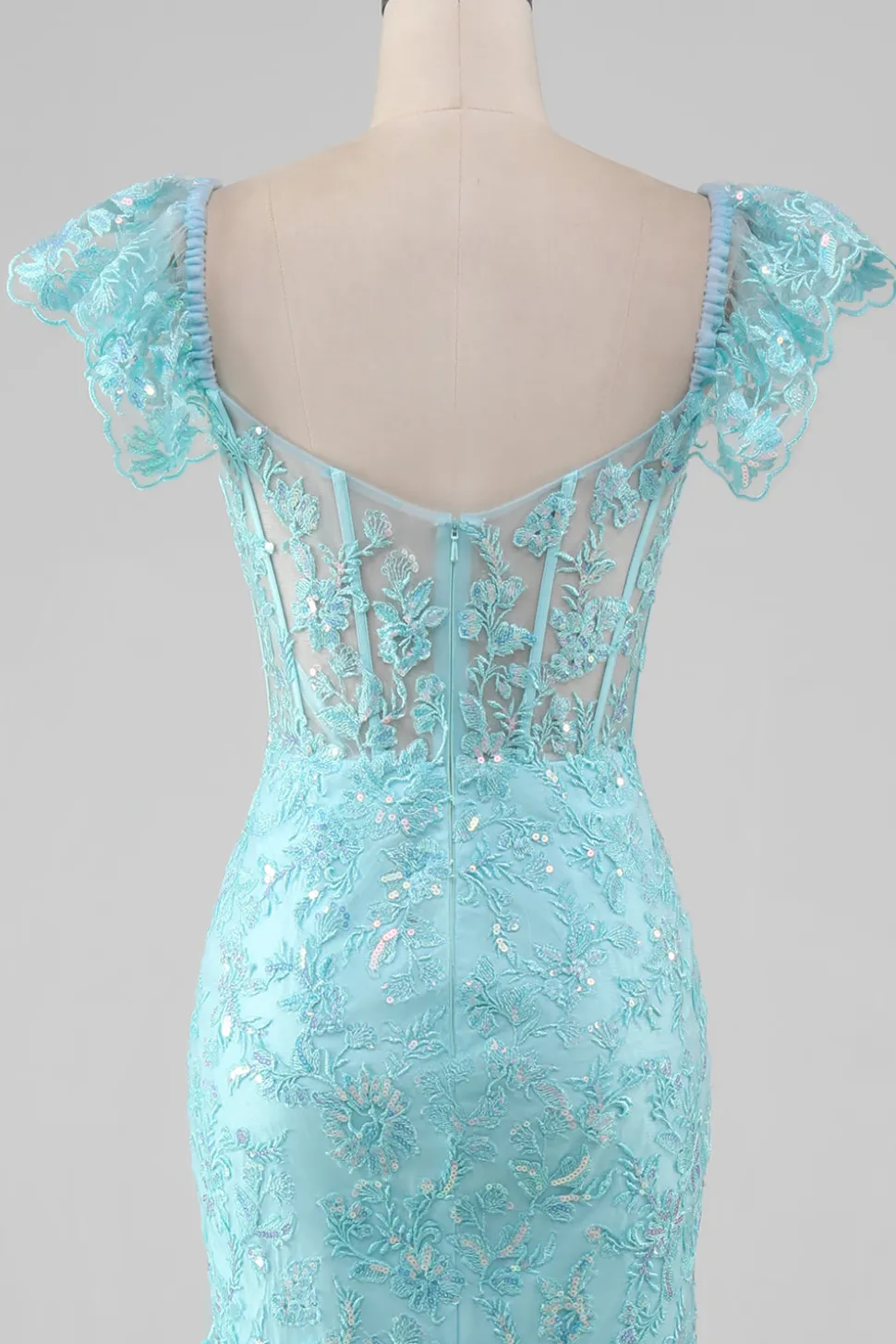 Sky Blue Off the Shoulder Lace e Vestido de Baile de Sereia de Lantejoulas com Fenda