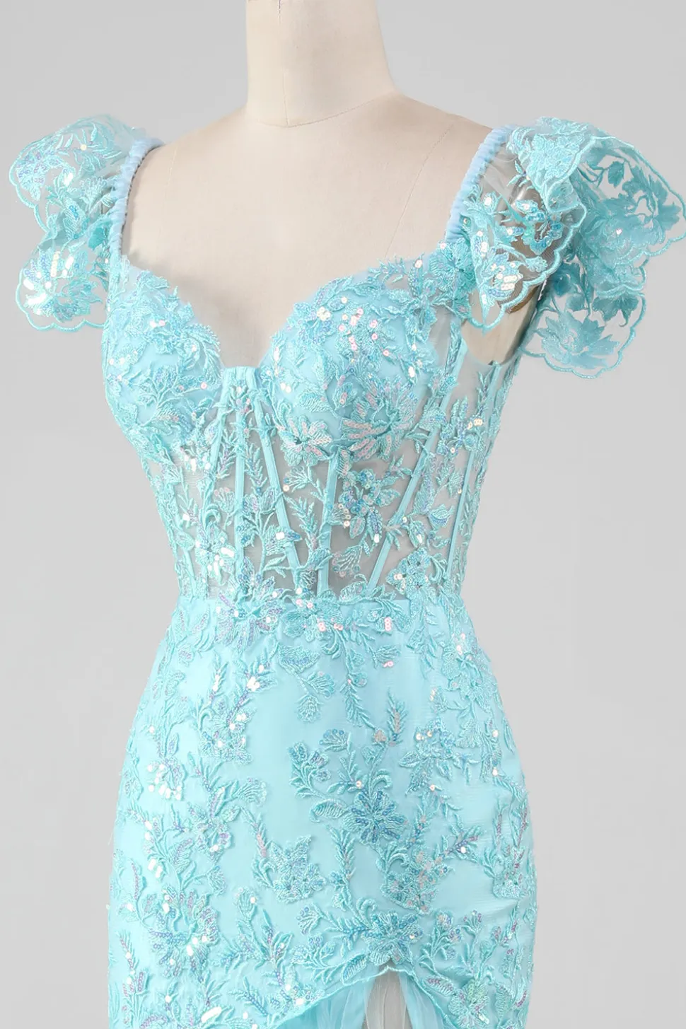 Sky Blue Off the Shoulder Lace e Vestido de Baile de Sereia de Lantejoulas com Fenda