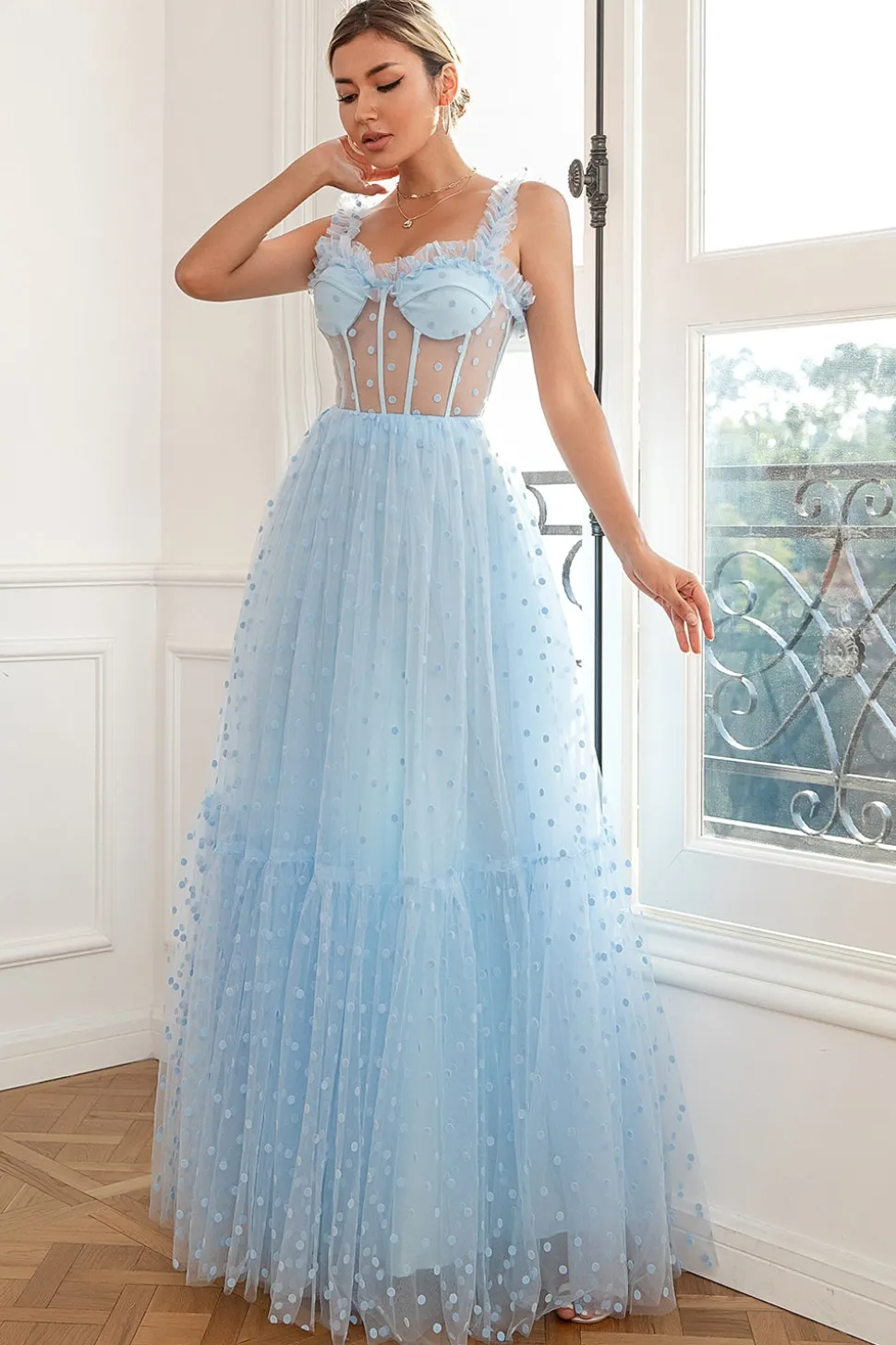 Sky Blue Polka Dots Tulle Prom Dress