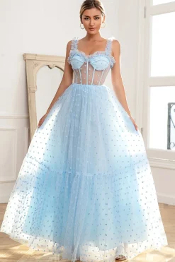 Sky Blue Polka Dots Tulle Prom Dress