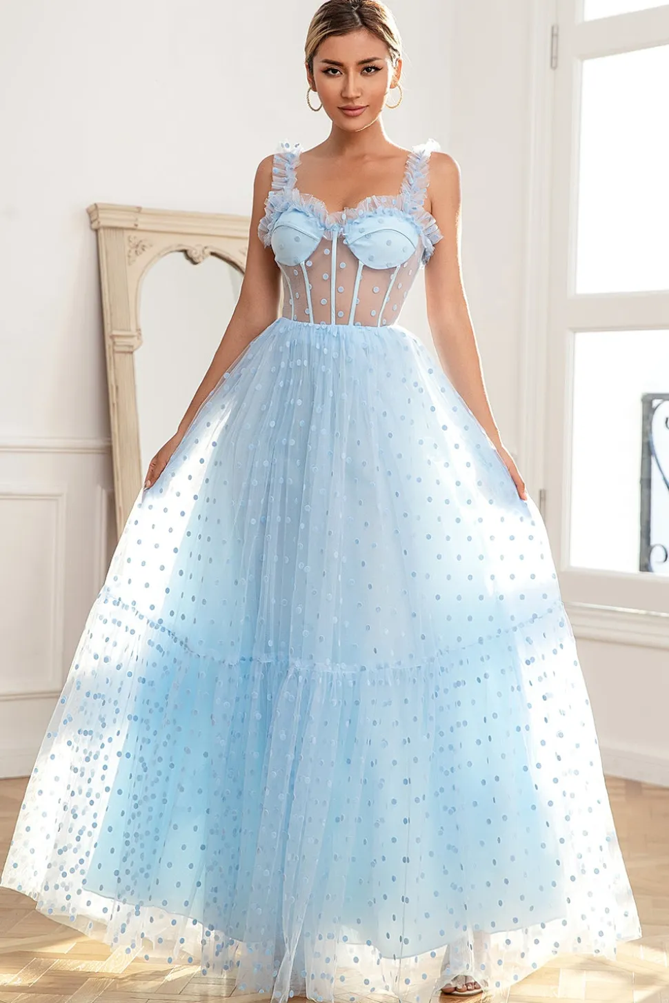 Sky Blue Polka Dots Tulle Prom Dress