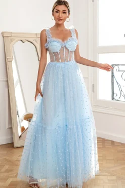 Sky Blue Polka Dots Tulle Prom Dress