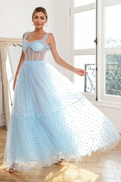 Sky Blue Polka Dots Tulle Prom Dress