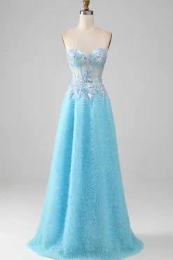 Sky Blue Querida Corset Prom Dress com Sequins
