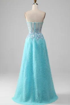 Sky Blue Querida Corset Prom Dress com Sequins