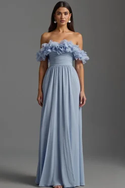 Sky Blue Ruched fora do ombro Chiffon vestido formal com babados