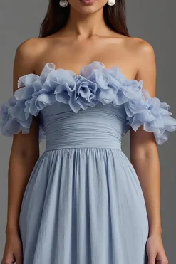 Sky Blue Ruched fora do ombro Chiffon vestido formal com babados