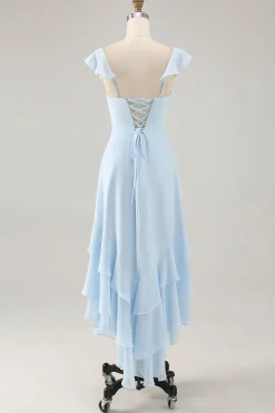 Sky Blue Ruffled Scoop Neck Um Vestido de Madrinha Linha
