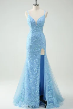 Sky Blue Sereia Esparguete Correias Appliqued Long Prom Dress com Fenda
