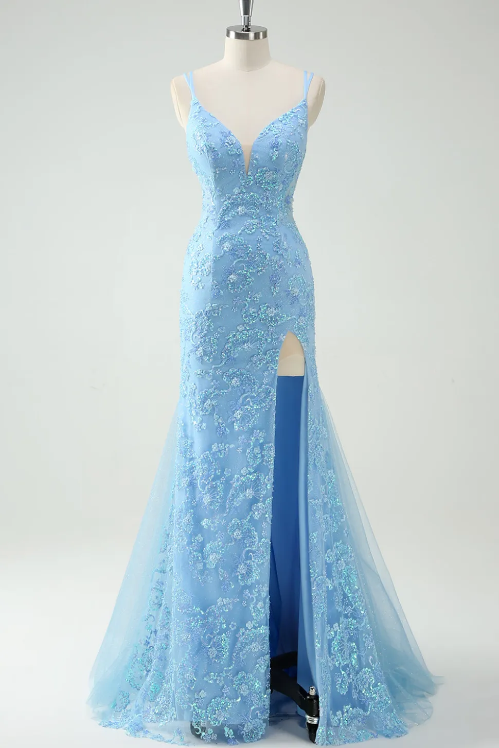 Sky Blue Sereia Esparguete Correias Appliqued Long Prom Dress com Fenda