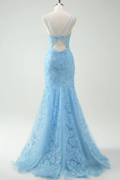 Sky Blue Sereia Esparguete Correias Appliqued Long Prom Dress com Fenda