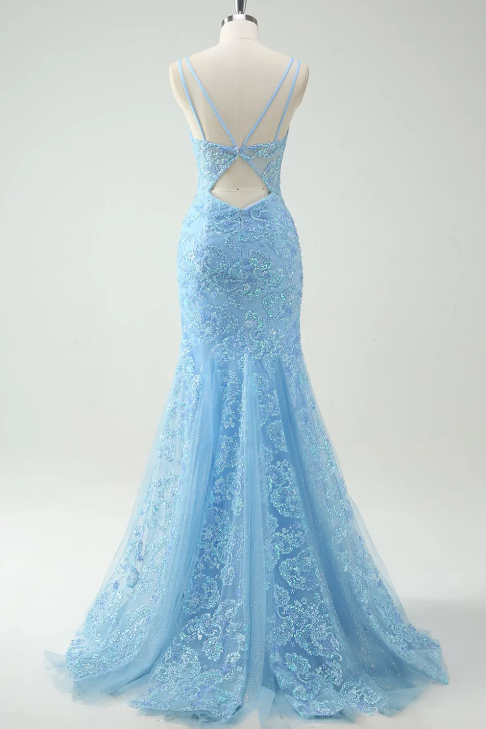Sky Blue Sereia Esparguete Correias Appliqued Long Prom Dress com Fenda