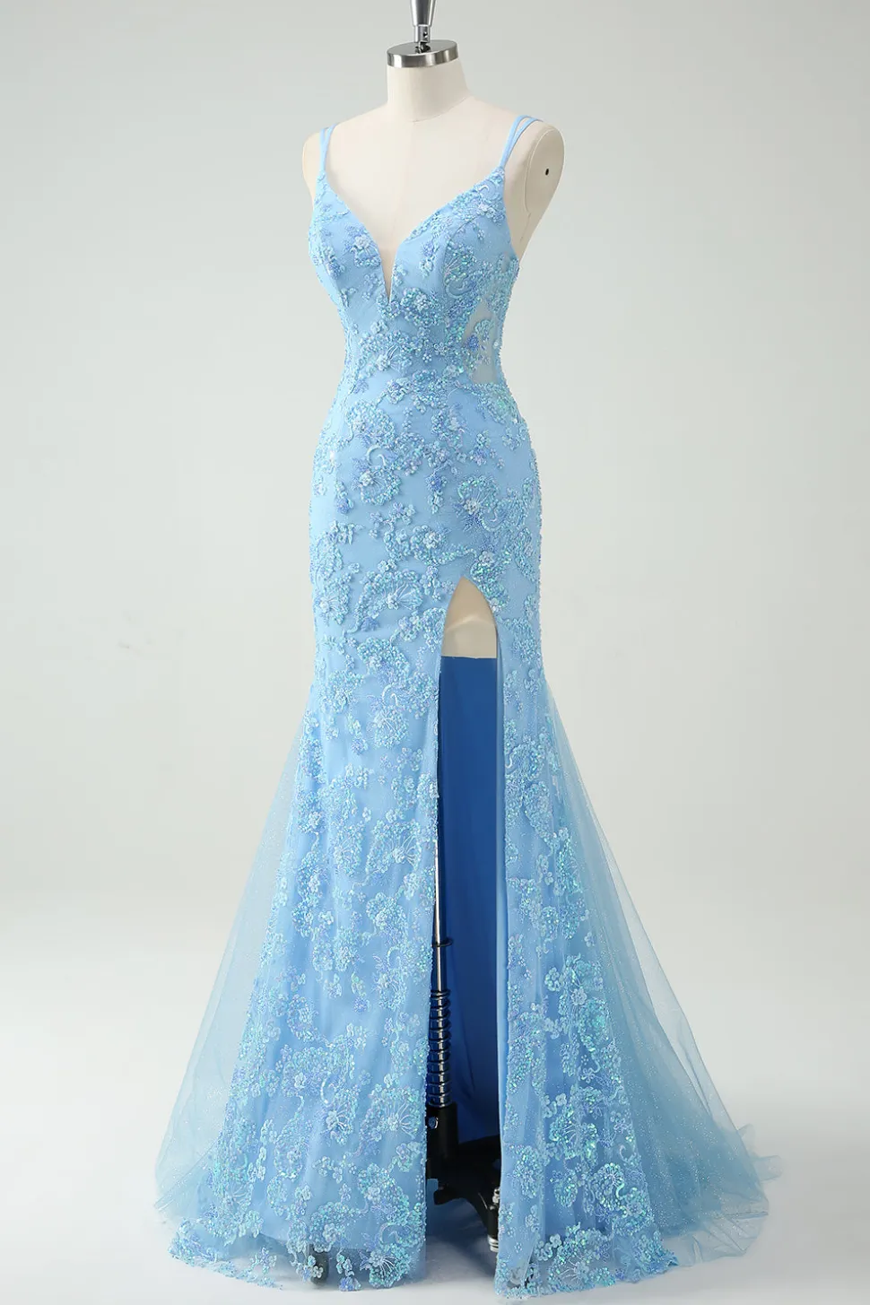 Sky Blue Sereia Esparguete Correias Appliqued Long Prom Dress com Fenda