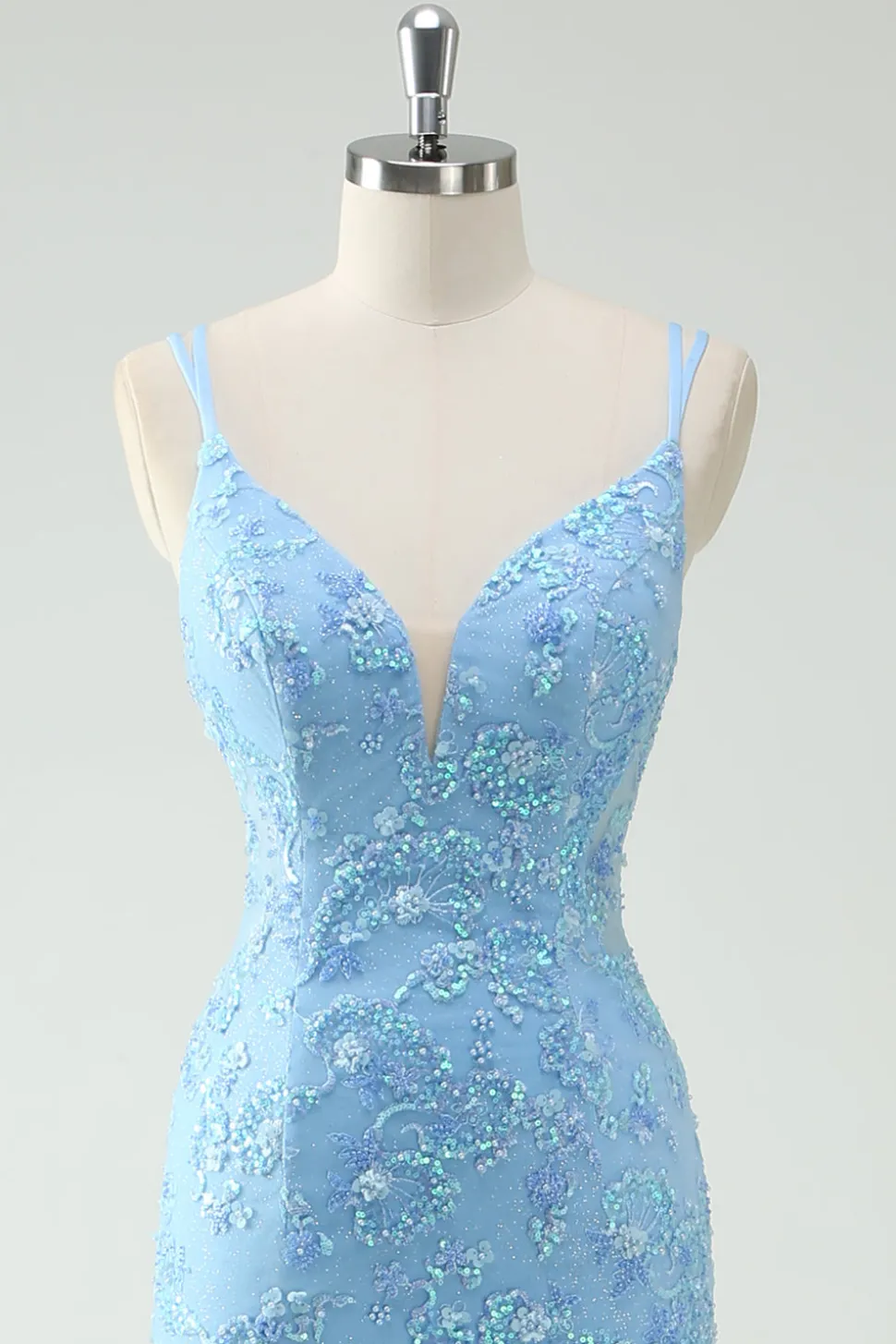 Sky Blue Sereia Esparguete Correias Appliqued Long Prom Dress com Fenda