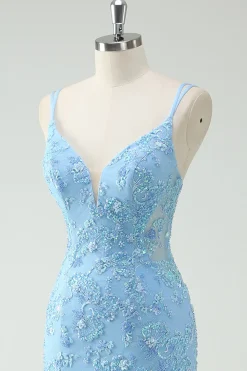 Sky Blue Sereia Esparguete Correias Appliqued Long Prom Dress com Fenda