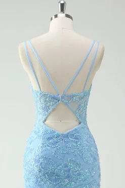 Sky Blue Sereia Esparguete Correias Appliqued Long Prom Dress com Fenda