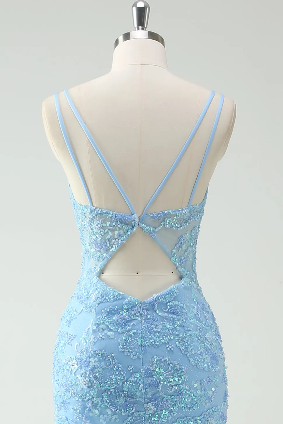 Sky Blue Sereia Esparguete Correias Appliqued Long Prom Dress com Fenda