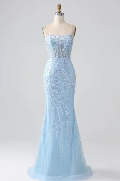 Sky Blue Sparkly Sereia Corset Prom Dress com Sequins