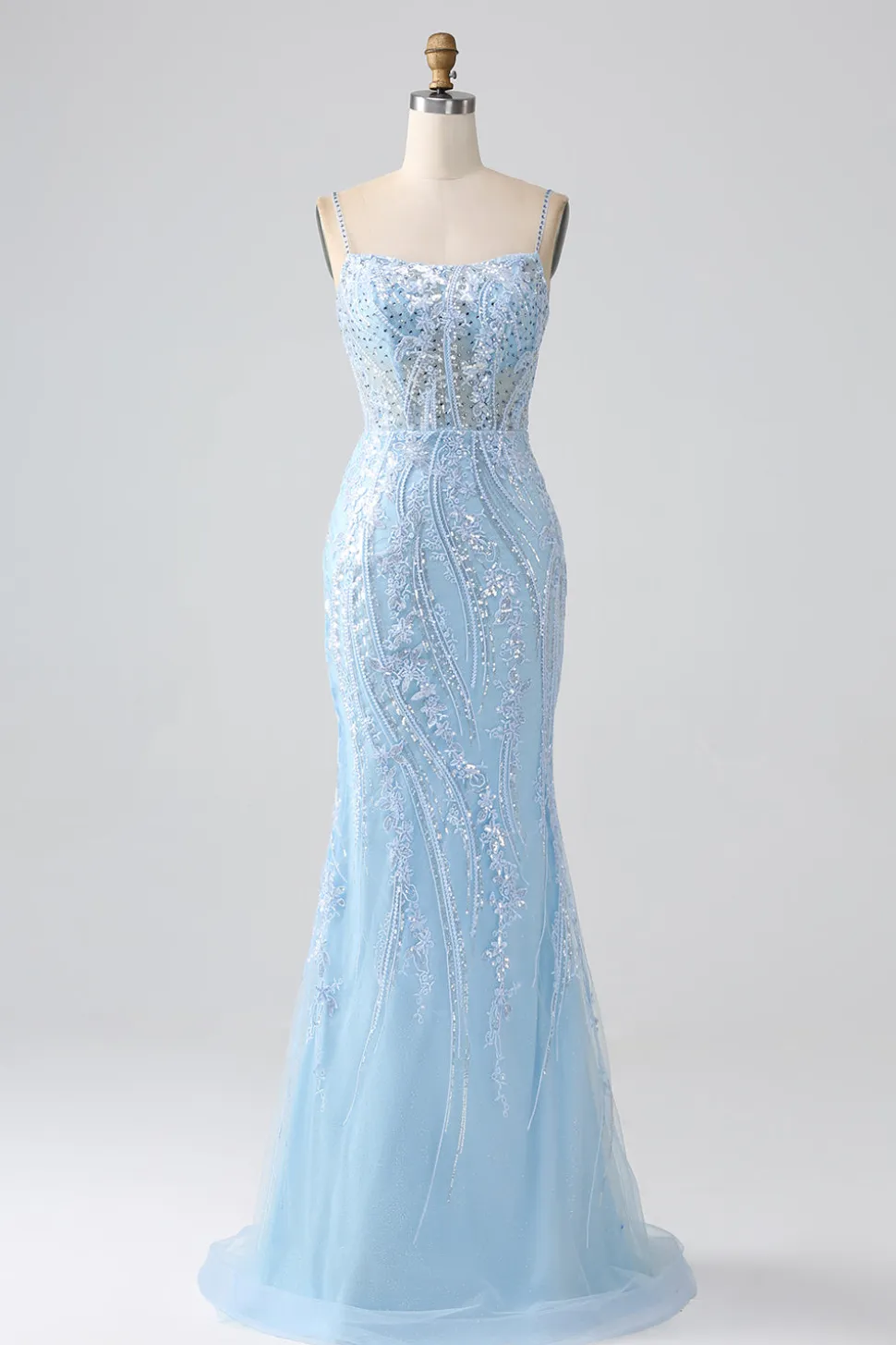 Sky Blue Sparkly Sereia Corset Prom Dress com Sequins