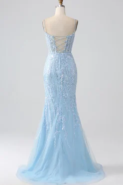 Sky Blue Sparkly Sereia Corset Prom Dress com Sequins