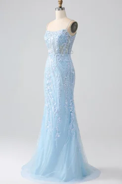 Sky Blue Sparkly Sereia Corset Prom Dress com Sequins