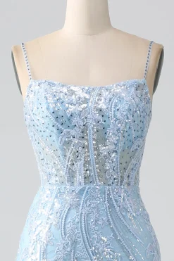 Sky Blue Sparkly Sereia Corset Prom Dress com Sequins