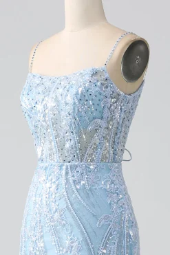 Sky Blue Sparkly Sereia Corset Prom Dress com Sequins