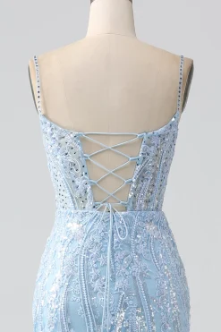 Sky Blue Sparkly Sereia Corset Prom Dress com Sequins