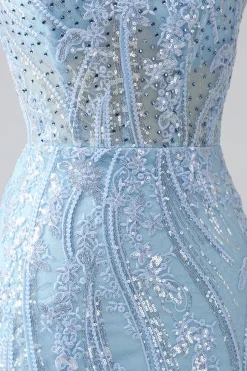 Sky Blue Sparkly Sereia Corset Prom Dress com Sequins
