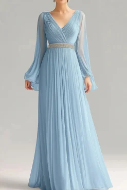 Sky Blue Uma Linha Chiffon V-Neck Mangas Longas Vestido Formal