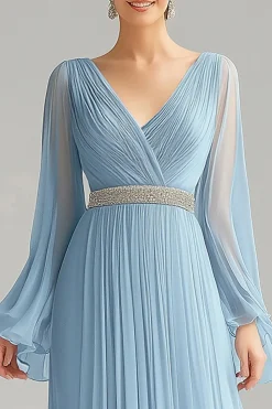 Sky Blue Uma Linha Chiffon V-Neck Mangas Longas Vestido Formal