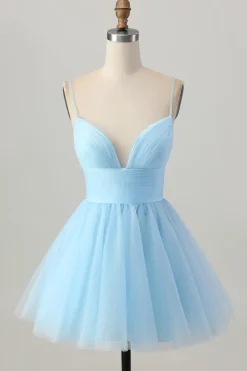 Sky Blue Uma Linha Esparguete Correias Vestido Curto Homecoming