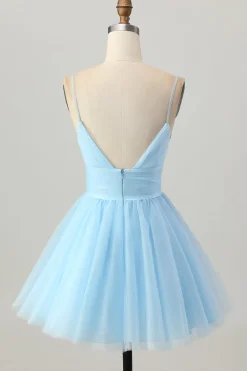 Sky Blue Uma Linha Esparguete Correias Vestido Curto Homecoming
